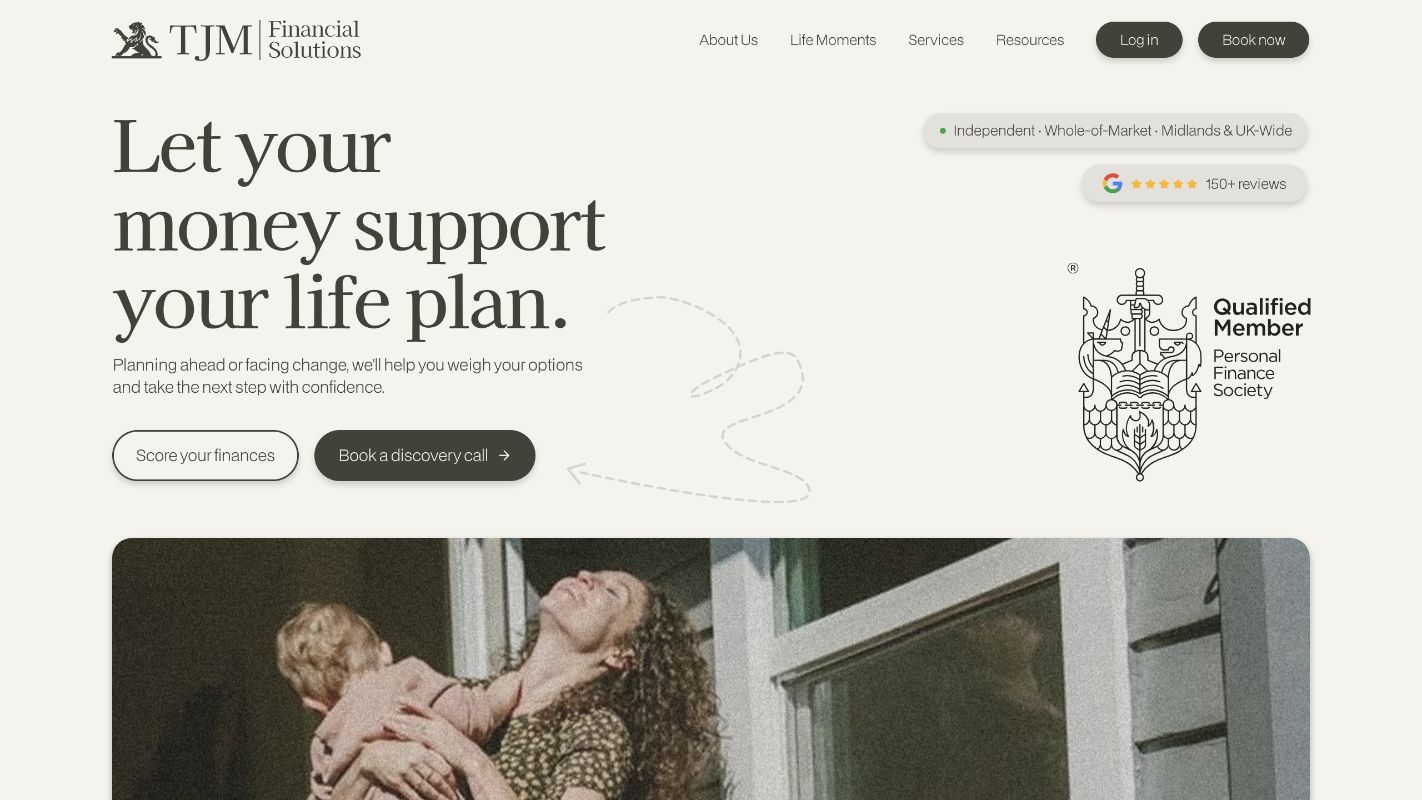 Website design for TJM Financial Solutions, showing its homepage and family photography